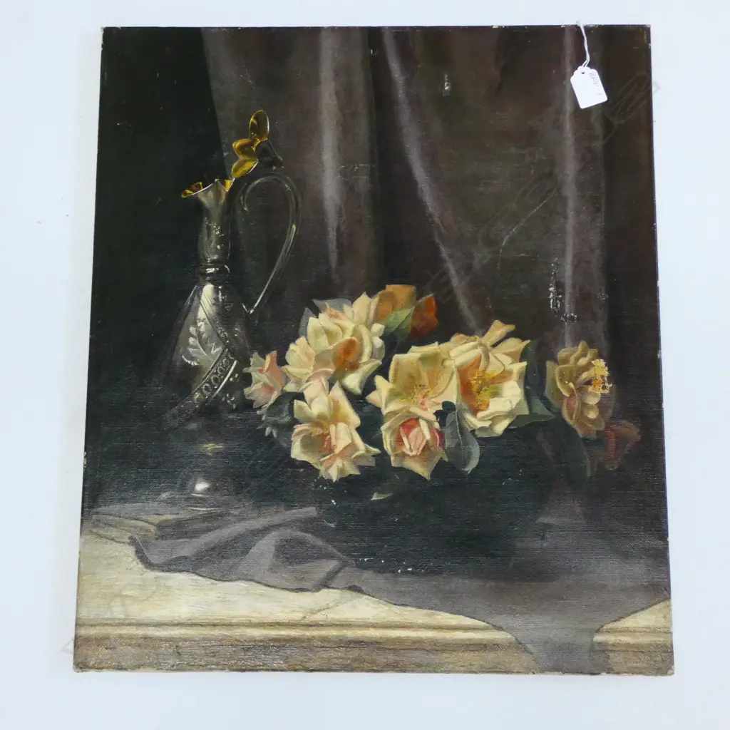 OIL ON CANVAS - STILL LIFE ROSES & CLARET JUG (DAMAGED) Image 1++