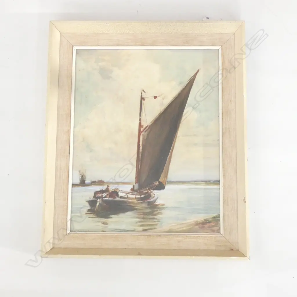 Charles Mayes WIGG (1889-1969), SIGNED W/C, A WHERRY BOAT ON A RIVER, NORFOLK BROADS. 325 x 255mm Image 1++