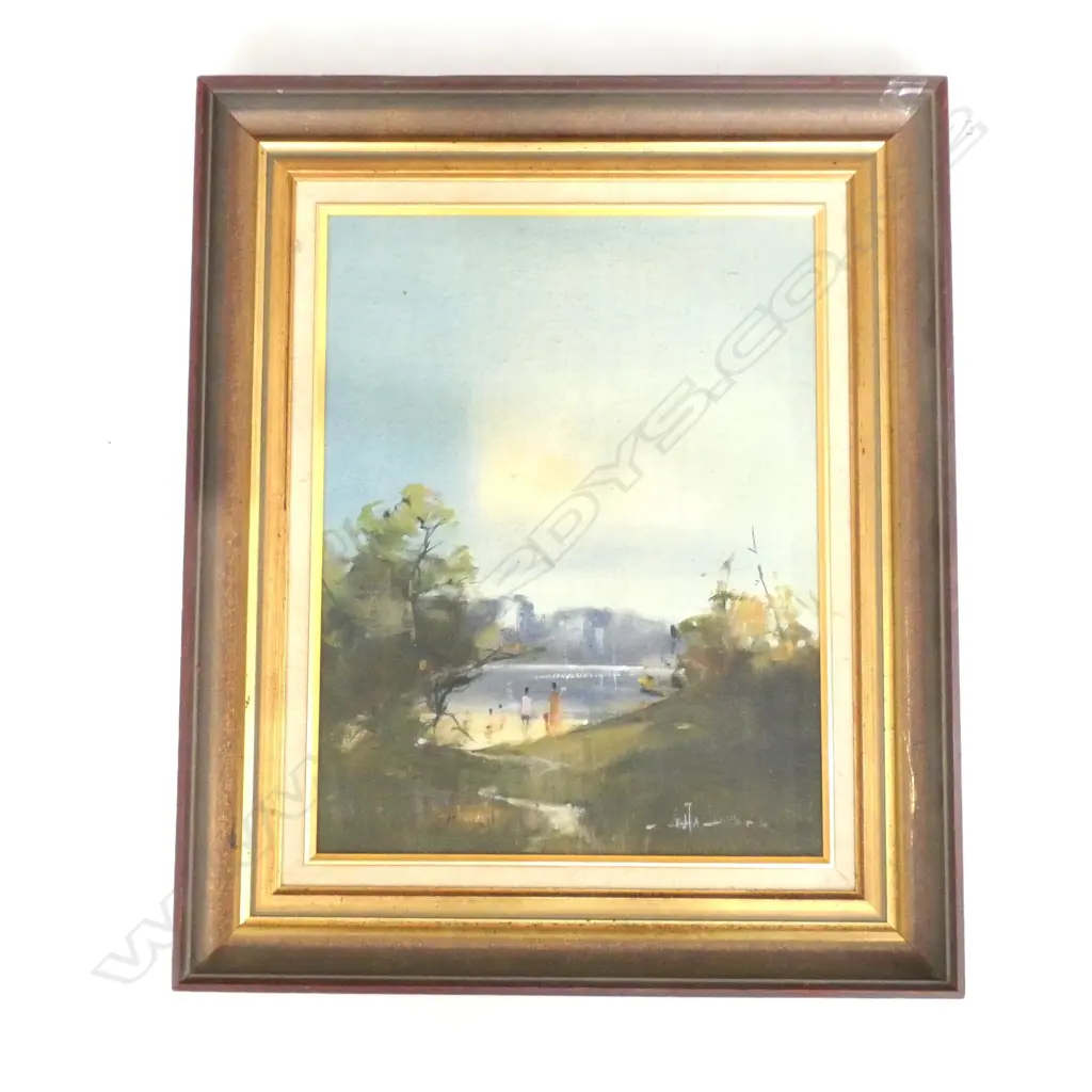 FRAMED OIL ON BOARD LAKE SCENE - SIGNED BUT ILLEGIBLE 340 X 450MM Image 1++