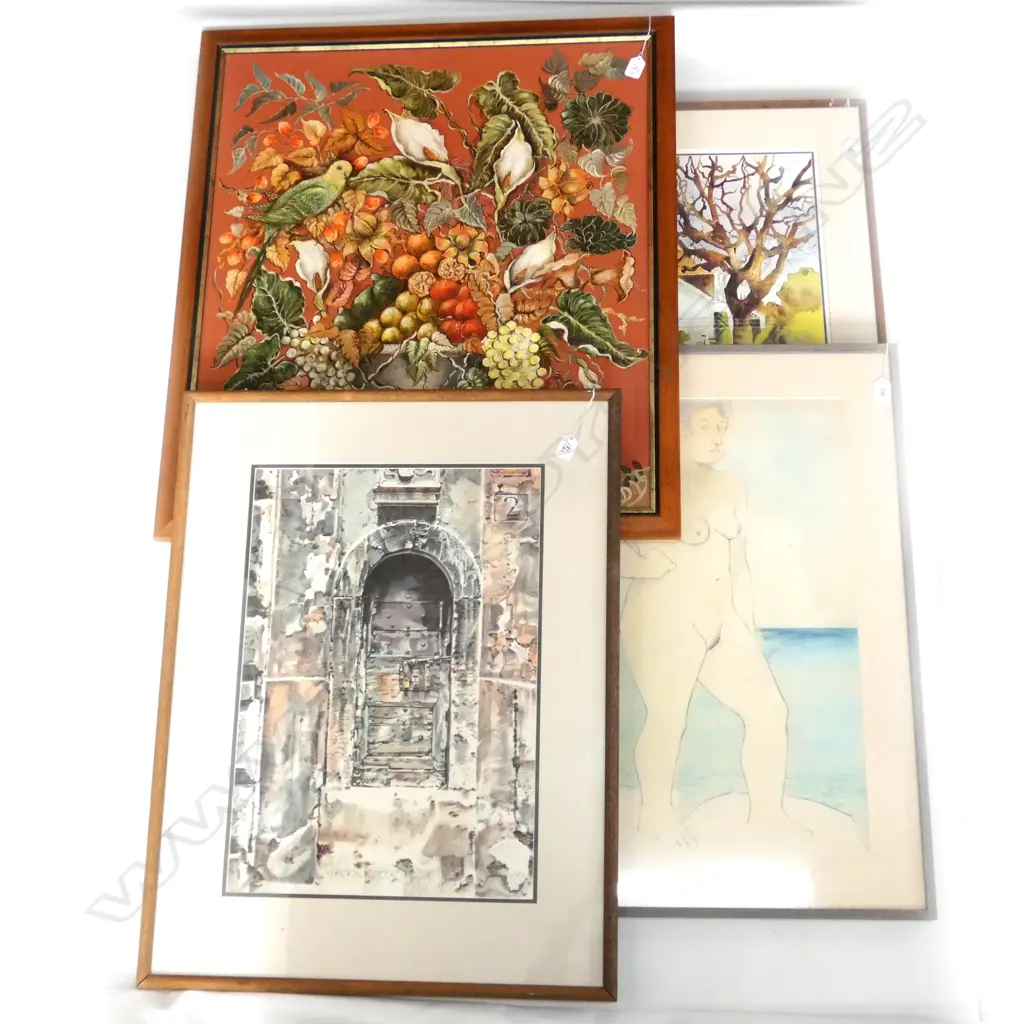 4 ARTWORKS; STORAGE DOOR W/C, PETER MCINTYRE CHURCH PRINT, SIGNED CONTE NUDE, STILL LIFE 750 X 655MM  Image 1++