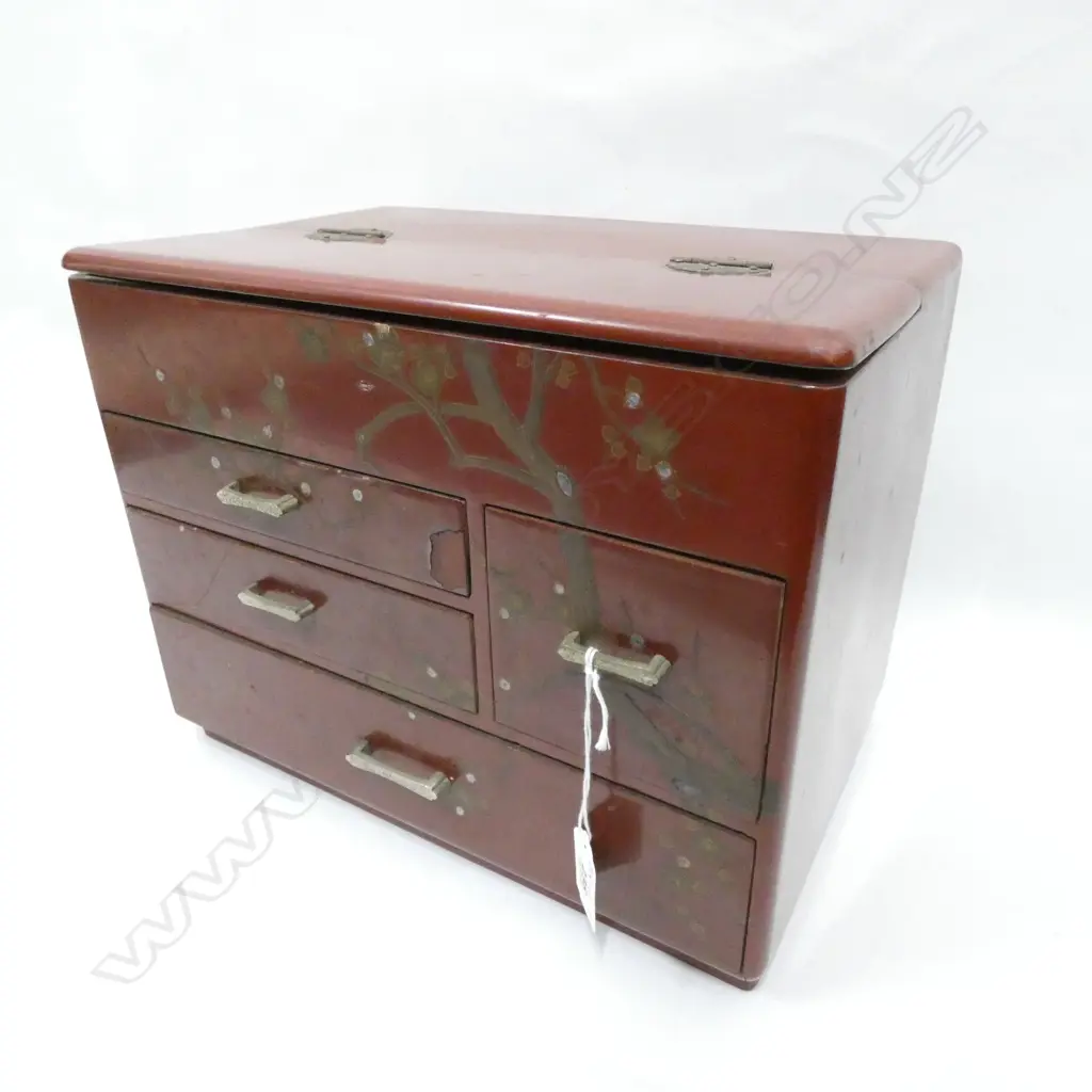 VINTAGE JAPANESE ‘HARI-BAKO’ SEWING BOX - RED LACQUER - TOP HINGED TRAY  & 4 DRAWERS 315 X 205 X 250MM Image 1++