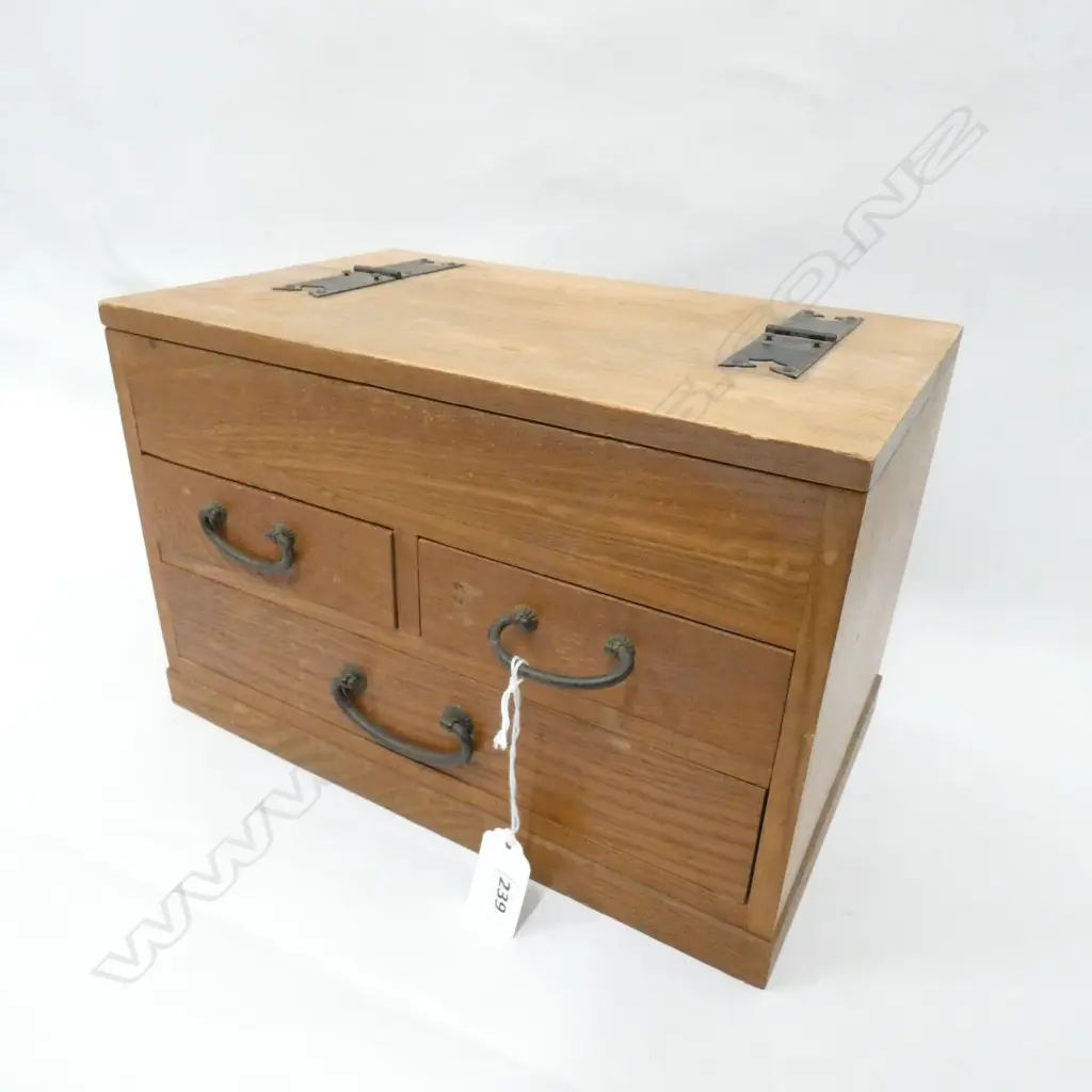 VINTAGE JAPANESE ‘HARI-BAKO’ SEWING BOX - TOP HINGED TRAY & 3 DRAWERS 290 X 180 X 190MM Image 1++