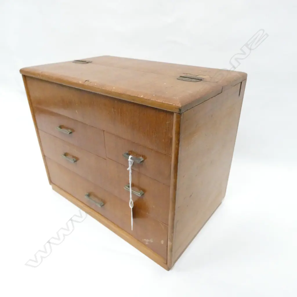 VINTAGE JAPANESE ‘HARI-BAKO’ SEWING BOX - TOP HINGED TRAY & 5 DRAWERS 320 X 200 X 260MM Image 1++