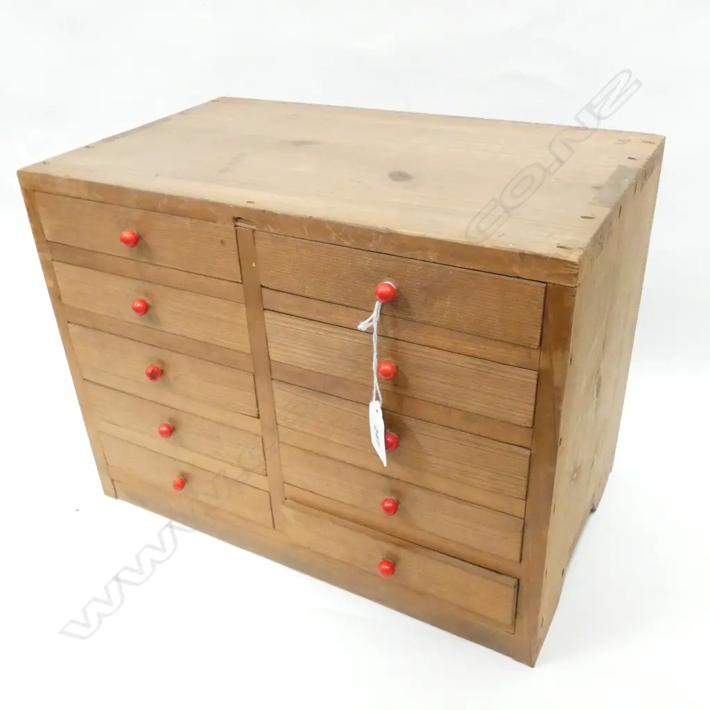 VINTAGE JAPANESE SMALL COLLECTORS BOX - 10 DRAWERS - RED CERAMIC HANDLES (ONE WITH DAMAGE) 360 X 210 X 275MM Image 1++