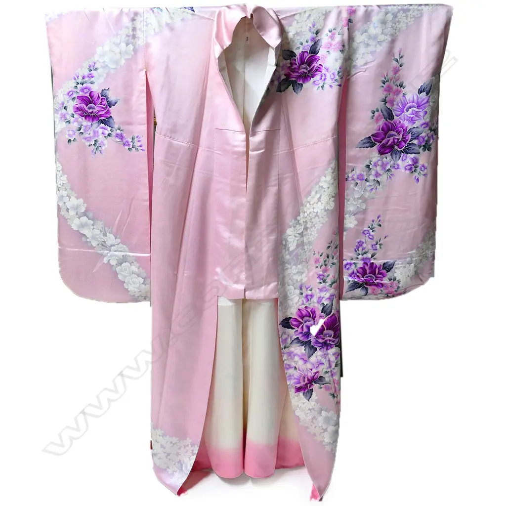 GORGEOUS SILK FURISODE KIMONO - PINK WITH CRIMSON FLOWERS & WHITE ROSES Image 1++