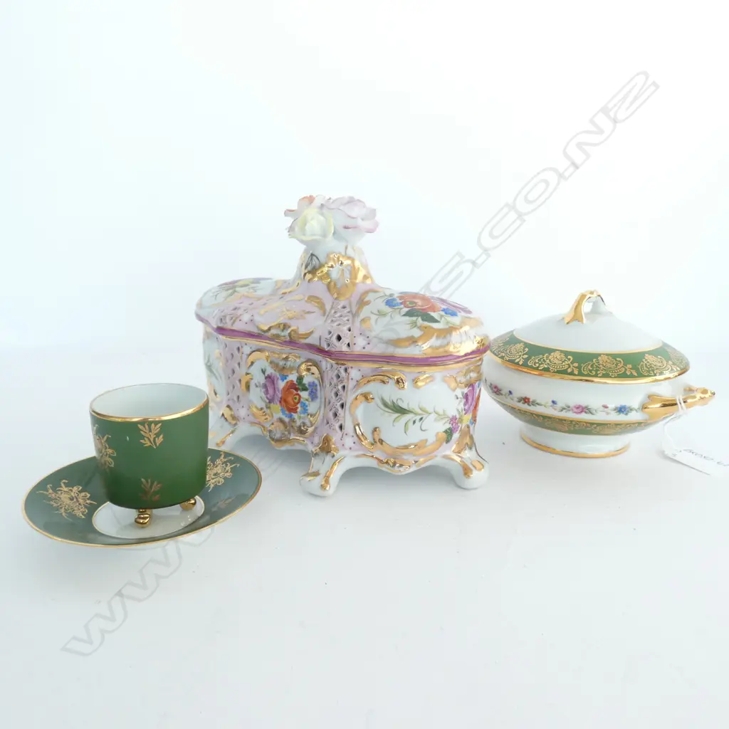 3 LIMOGES PCS. ORNATE LIDDED CONTAINER (L 210MM) SAUCE DISH & DEMI CUP & SAUCER Image 1++