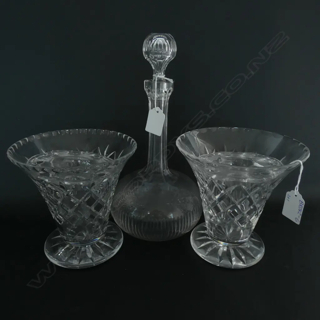 PR CRYSTAL VASES (H. 155. DIA 160MM) WITH FLOWER FROGS & GLASS DECANTER  Image 1++