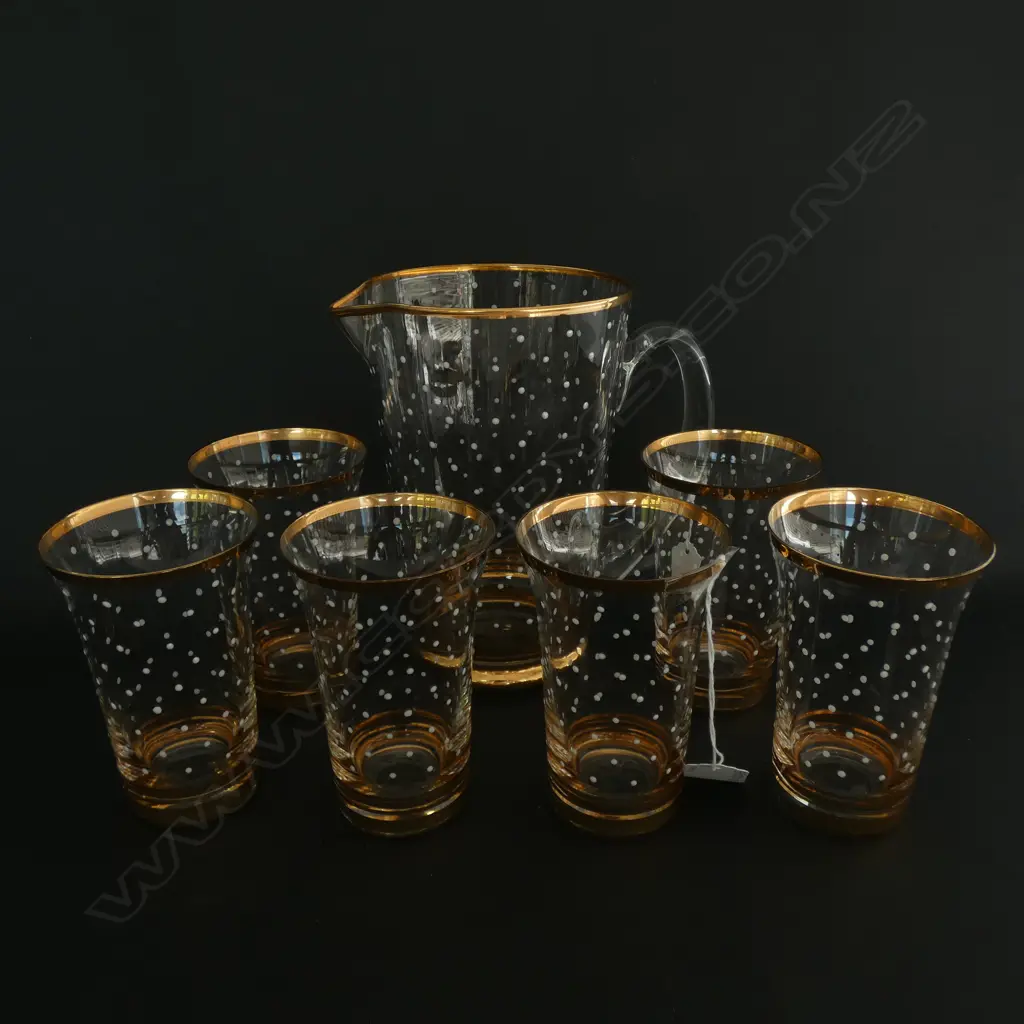 GLASS JUG & 6 WATER GLASSES - GOLD RIMS & WHITE POLKA DOTS.  Image 1++
