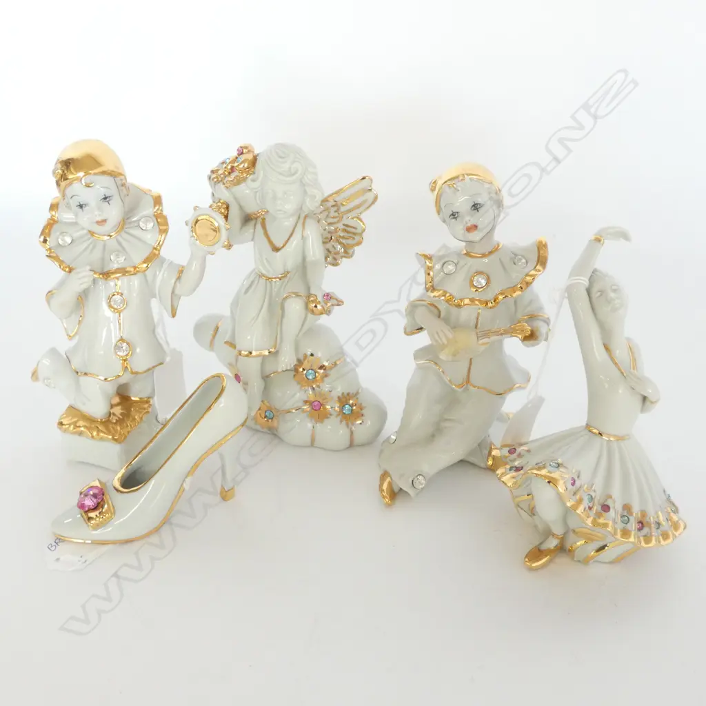 4 CAPODIMONTE WHITE & GOLD PORCELAIN FIGURES + ONE SHOE. ALL HAVE SWAROVSKI CRYSTALS Image 1++