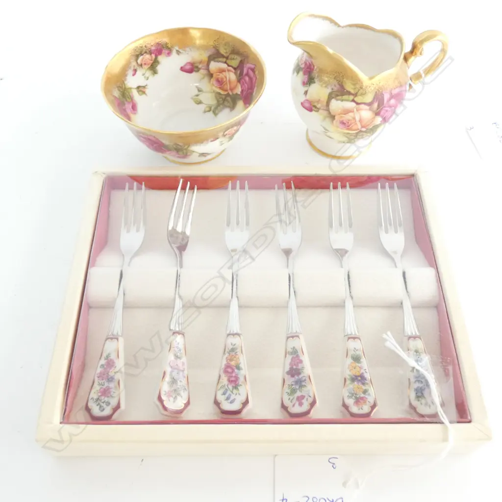 ROYAL CHELSEA  HEAVY GOLD GILDED GOLDEN ROSE JUG & SUGAR BOWL + BOXED SET CAKE FORKS Image 1++