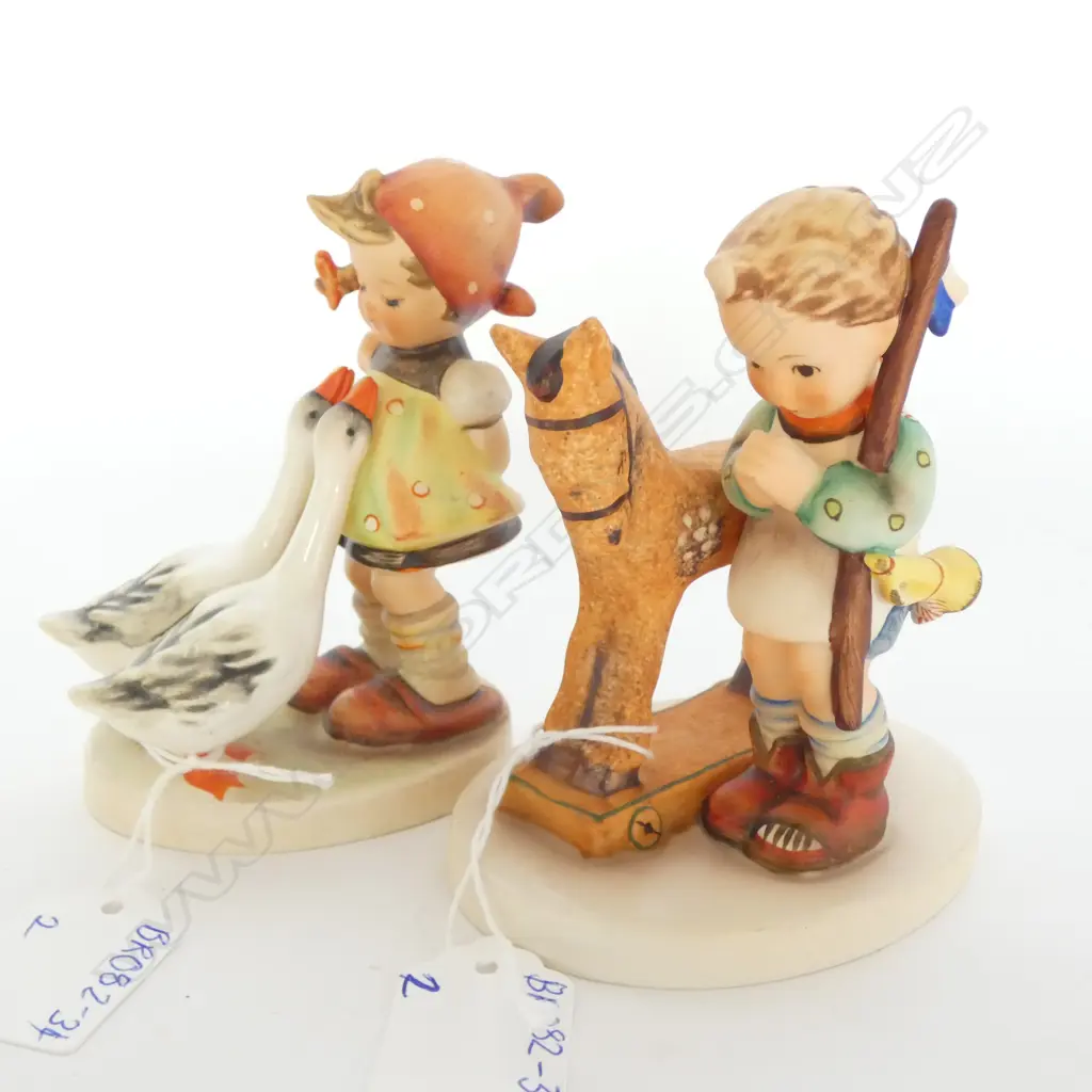 PR HUMMEL FIGURINES; #20 & 47 (GIRL W. TOY HORSE & GIRL WITH GEESE) H. 105MM Image 1++