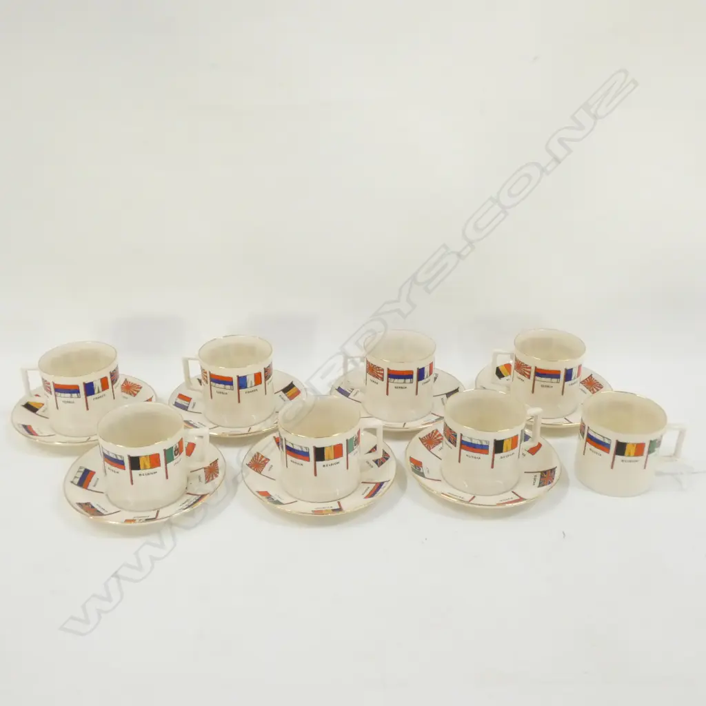 W.H. GOSS CHINA DEMI-TASSE 8 CUPS & 7 SAUCERS DECORATED w FLAGS OF WWI ALLIES Image 1++