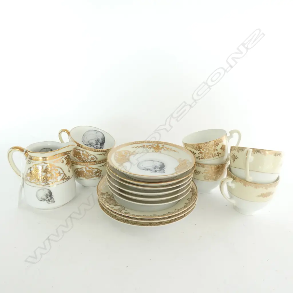 MELODY ROSE UPCYCLED PART 'GOLD SKULL' TEA SERVICE 16 PCE... Image 1++