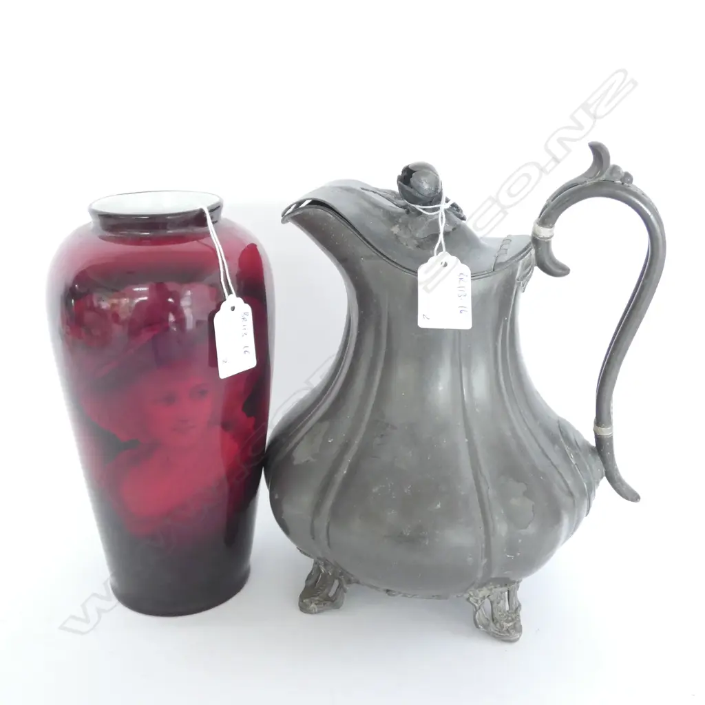 JAMES DIXON PEWTER WATER JUG & 'GRANADINA' EDWARDIAN PORTRAIT VASE. H.215mm Image 1++