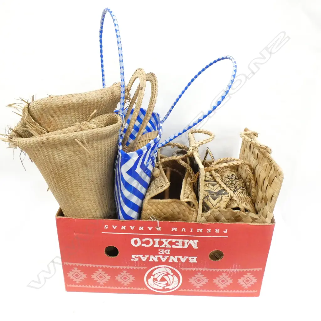 BOX LOT PACIFIC ISLAND BASKETS AND A DAMAGED WHĀRIKI MAT . Image 1++