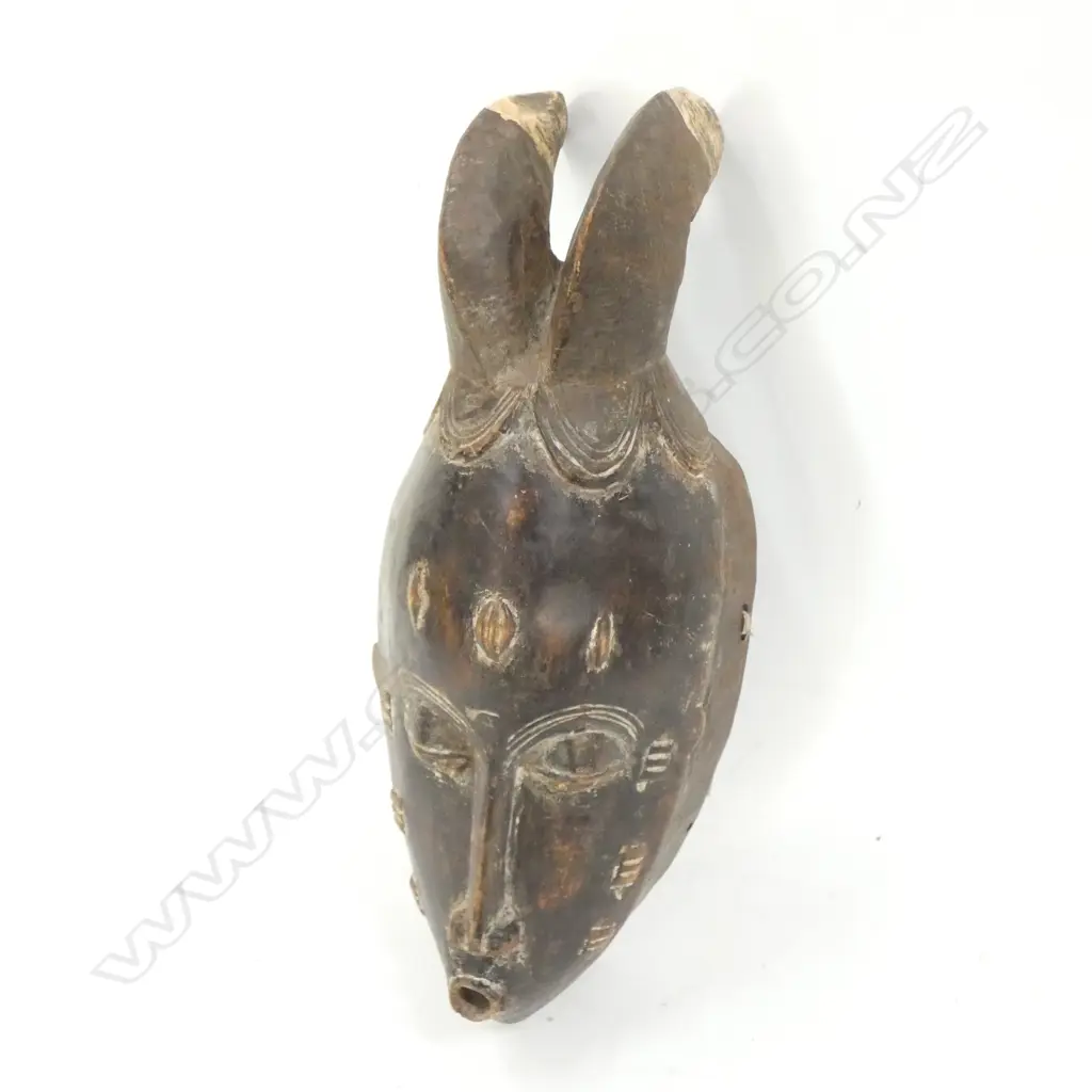 TRIBAL AFRICAN CARVED WOODEN MASK WITH HORNS H. 430MM Image 1++