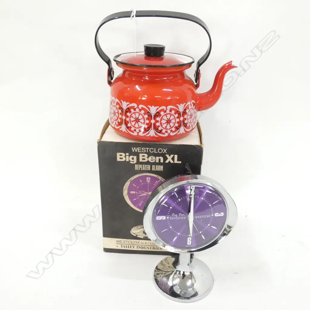 RETRO BIG BEN CLOCK, NEW IN BOX H. 185MM + RED KETTLE Image 1++