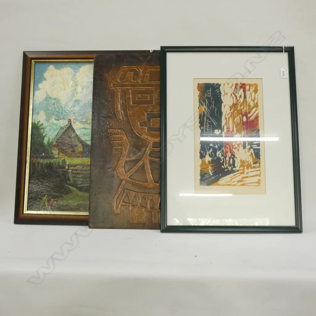 3 ARTWORKS; F. C. ADAMS COUNTRYSIDE OIL, J. HORNER VENICE WOODCUT 325 X 185MM, BEATEN COPPER MAYAN PANEL  Image 1++