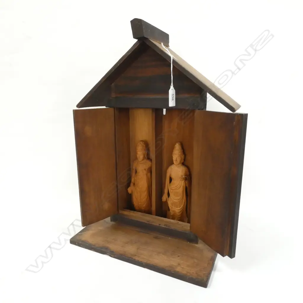 ANTIQUE ORIENTAL SMALL WOODEN SHRINE 2 DEITIES INSIDE Image 1++