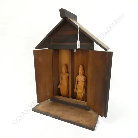 ANTIQUE ORIENTAL SMALL WOODEN SHRINE 2 DEITIES INSIDE