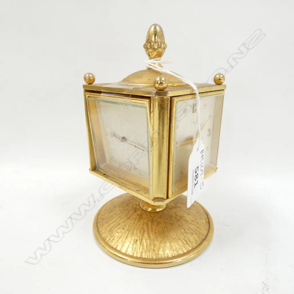 FOUR SIDED WEATHER STATION (CLOCK / BAROMETER/THERMOMETER & HYGROMETER) - GOLD COLOURED STAND. H. 150MM.... Image 1++