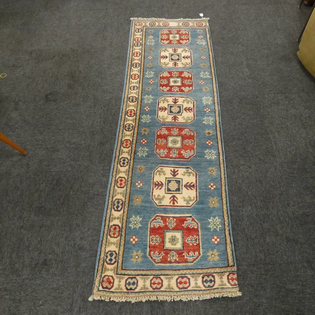 HAND KNOTTED WOOL PILE  AFGHAN KAZAK BLUE & RED RUNNER RUG - 1940 X 600MM Image 1++