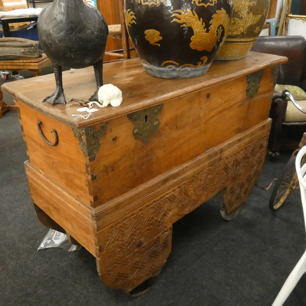 LARGE CARVED ORIENTAL CHEST ON WHEELS... Image 1++