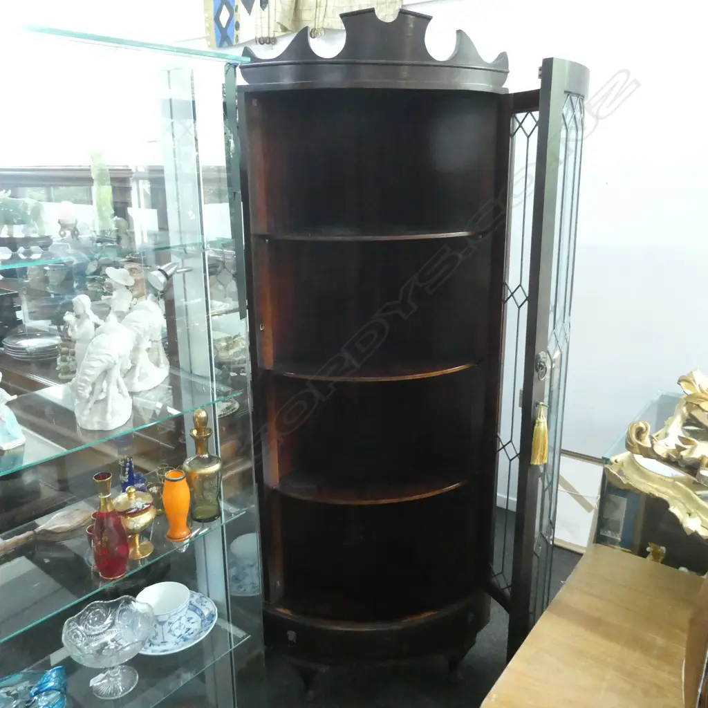 C1910 TALL OAK LEADLIGHT CORNER DISPLAY CABINET... Image 1++