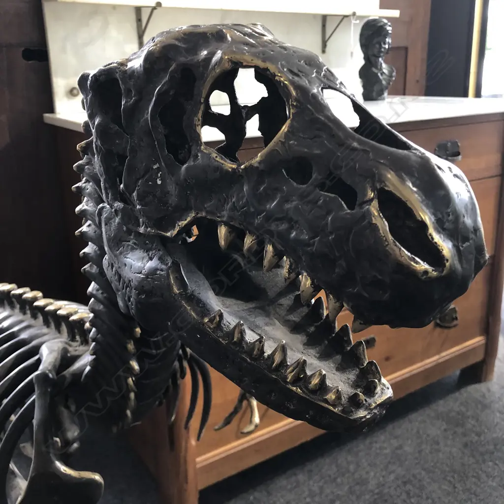 MODERN BRONZE SCULPTURE T-REX DINOSAUR SKELETON.  L.1550MM.  H.950MM Image 1++