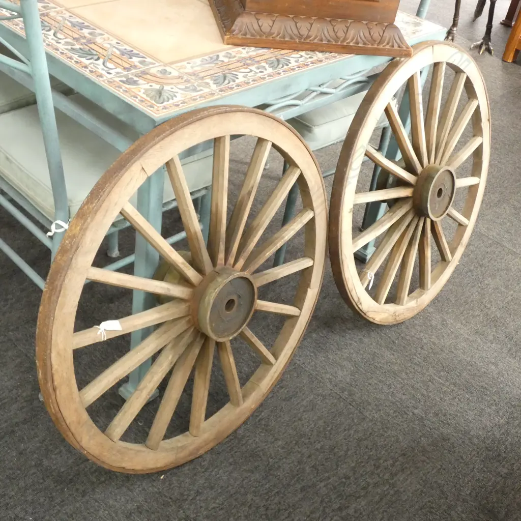 PAIR OLD WAGON WHEELS OAK AND BRONZE WITH IRON RIMS - DIA. 750MM Image 1++