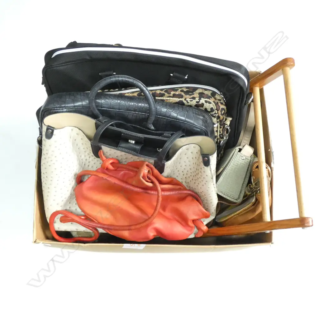 BOX LOT ASST. BAGS + CHILDS WOODEN CART ETC Image 1++