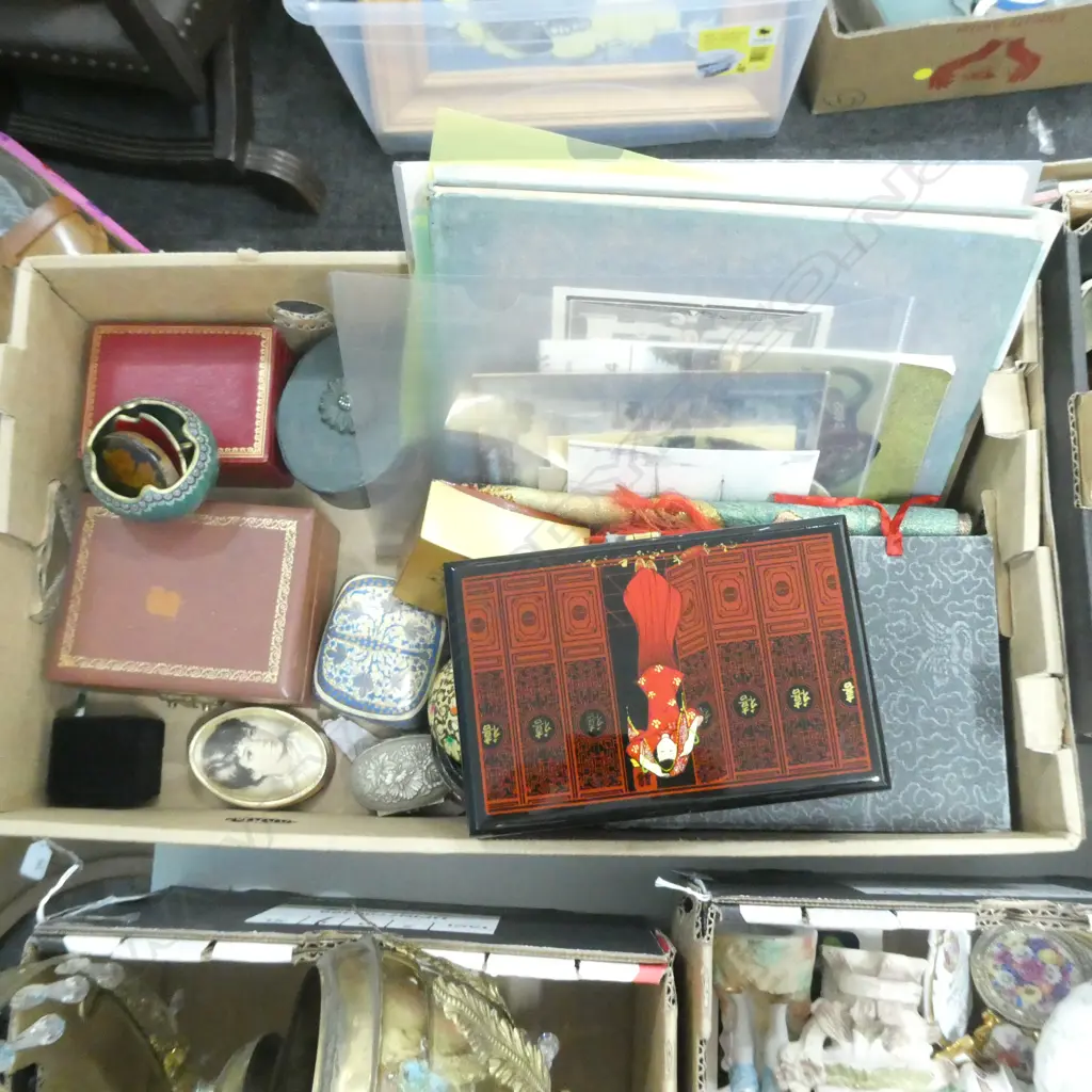 BOX LOT ASST. ORIENTAL ITEMS; LACQUER BOXES, ETCHINGS ETC Image 1++