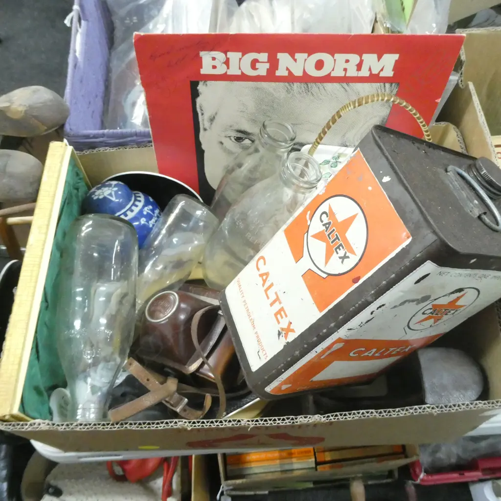 BOX LOT CALTEX TIN, MILK BOTTLES ETC Image 1++