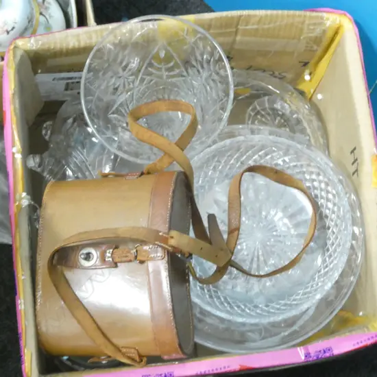 BOX LOT 9 PCES ASST. CRYSTAL + PR BINOCULARS