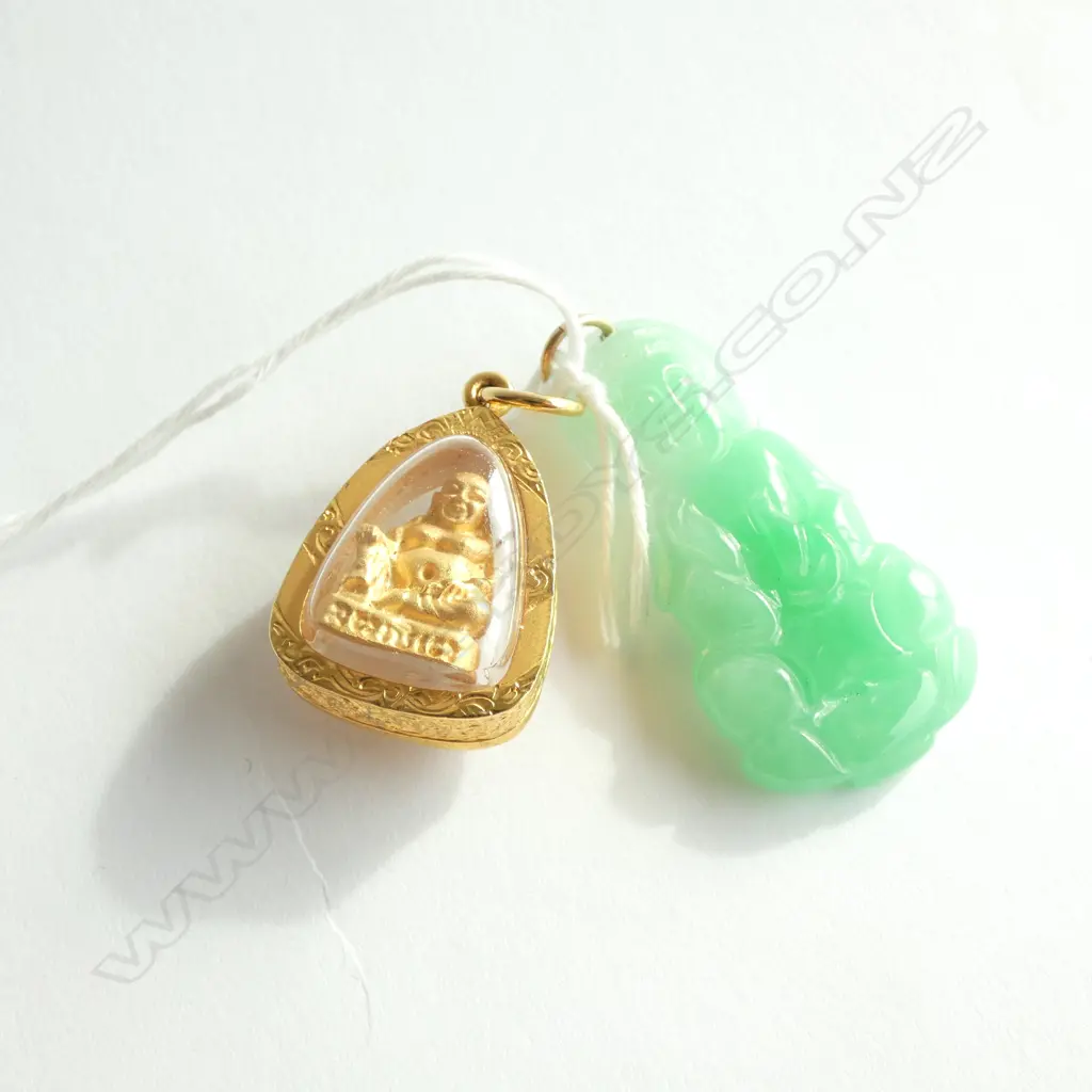 2 BUDDHA PENDANTS; GOLD PLATE & JADE Image 1++