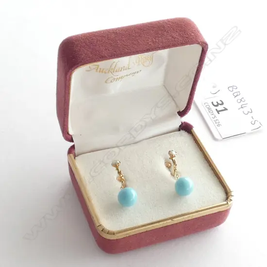 EARRINGS, 9ct GOLD, TURQUOISE DROPS WITH SEED PEARL SCREW ON