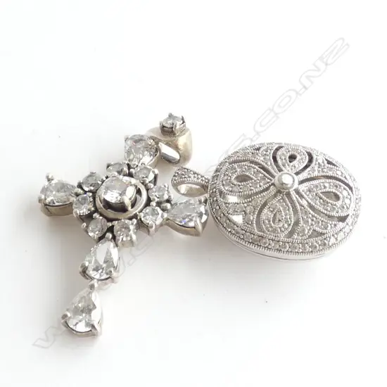 2 STG & CZ PENDANTS; CROSS & OVAL LOCKET