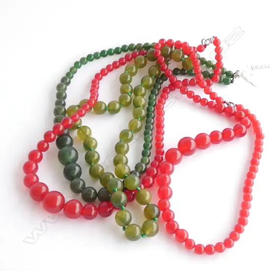 4 NECKLACES; 2 RED & 2 GREEN GLASS 