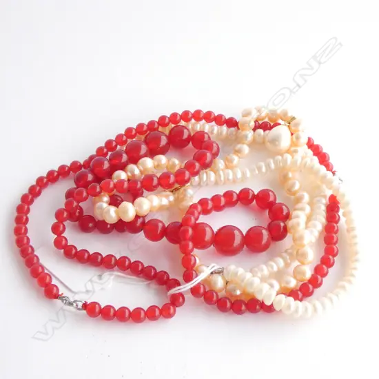 2 FRESH WATER PEARL NECKLACES + 2 RED GLASS