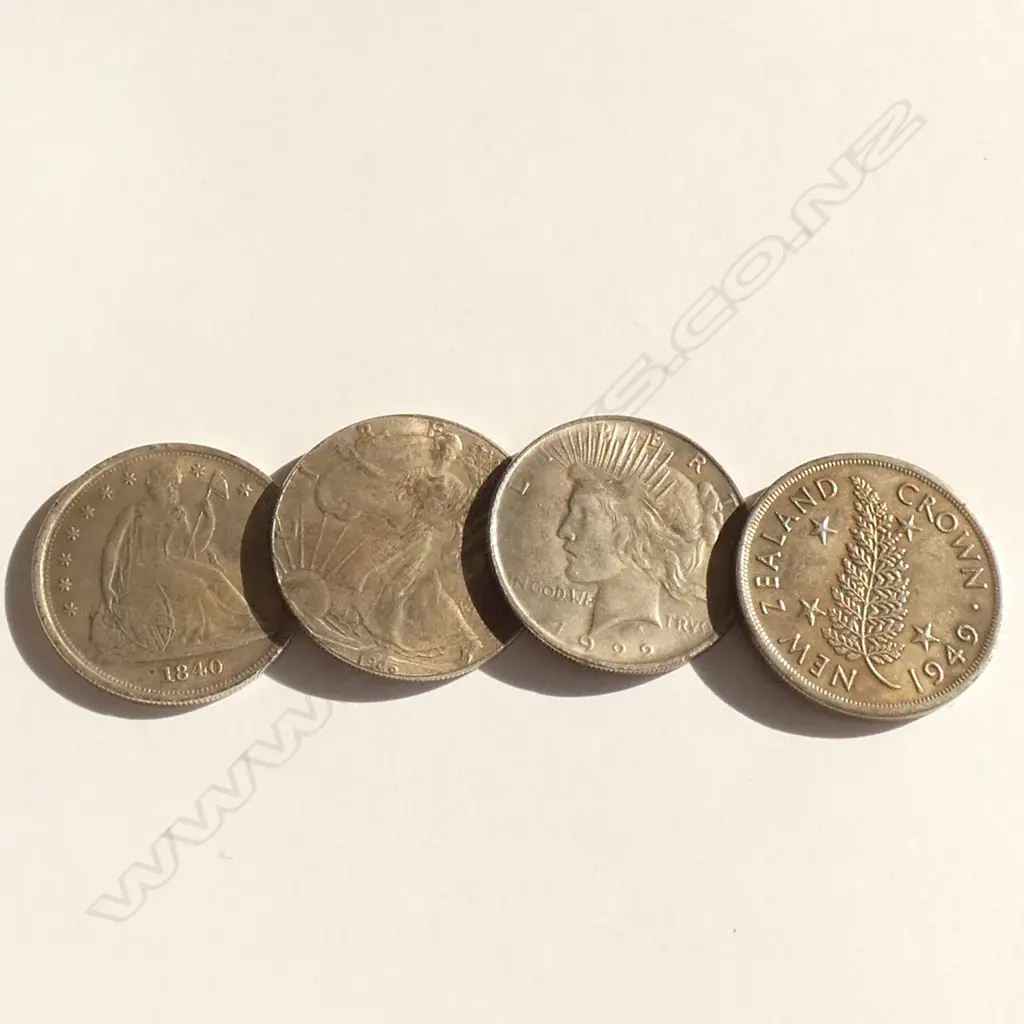 (0032) 4 COINS: 1949NZ CROWN + 3 USA $1 FAKES? Image 1++