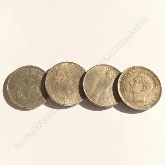 (0032) 4 COINS: 1949NZ CROWN + 3 USA $1 FAKES?
