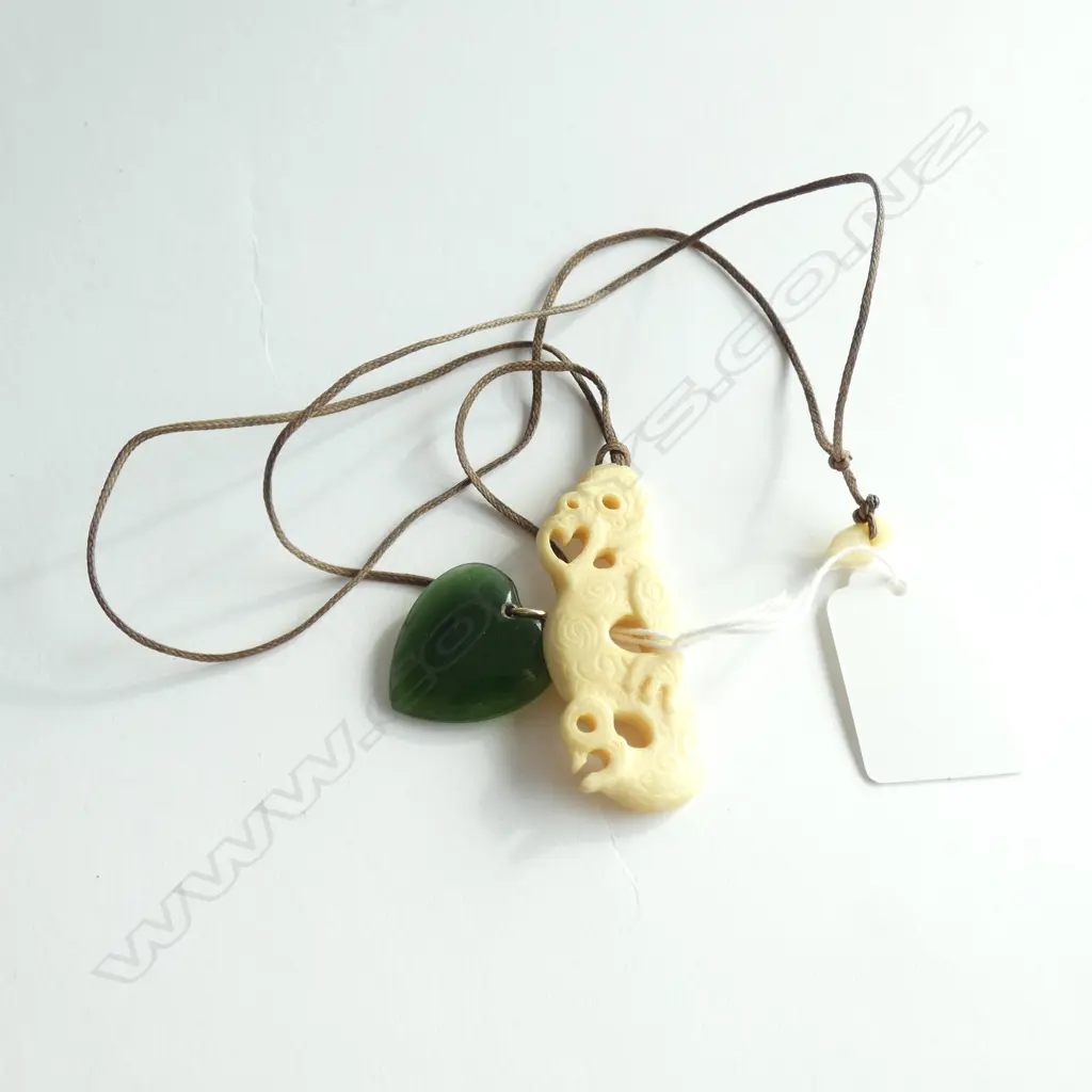GREENSTONE HEART PENDANT + MAORI BONE CARVING Image 1++