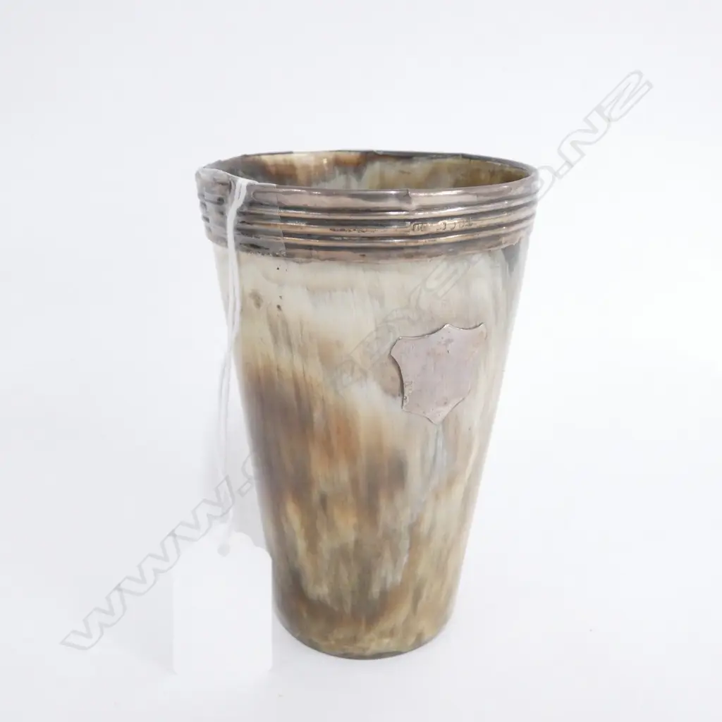 SILVER MOUNTED HORN BEAKER /. MARKS RUBBED  Image 1++