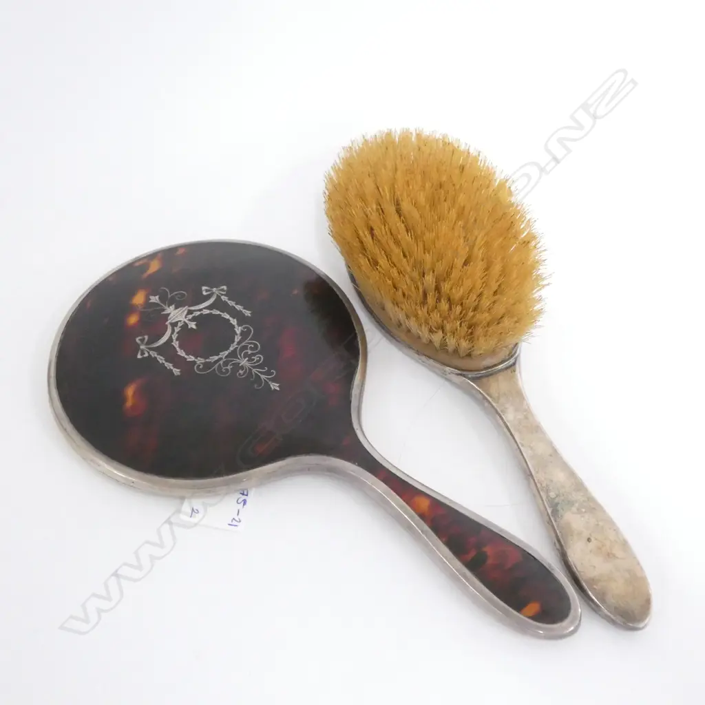 LONDON 1927 TORTOISESHELL AND SILVER PIQUET WORK MIRROR AND BRUSH  Image 1++