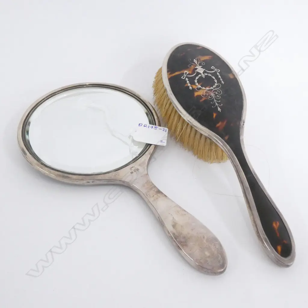 LONDON 1927 TORTOISESHELL AND SILVER PIQUET WORK MIRROR AND BRUSH  Image 1++
