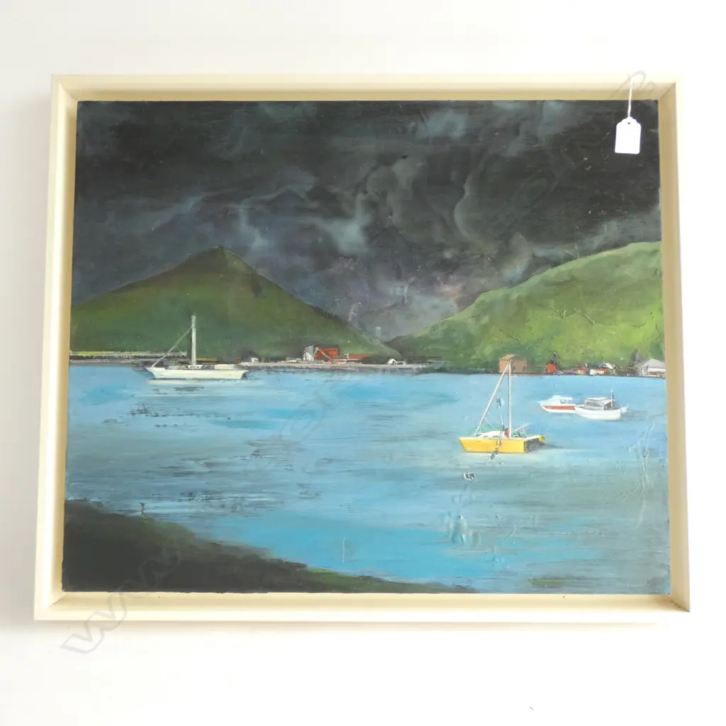KEREN COOK OIL ON BOARD "HARBOUR AND NIGHT SKY LANDSCAPE".... Image 1++