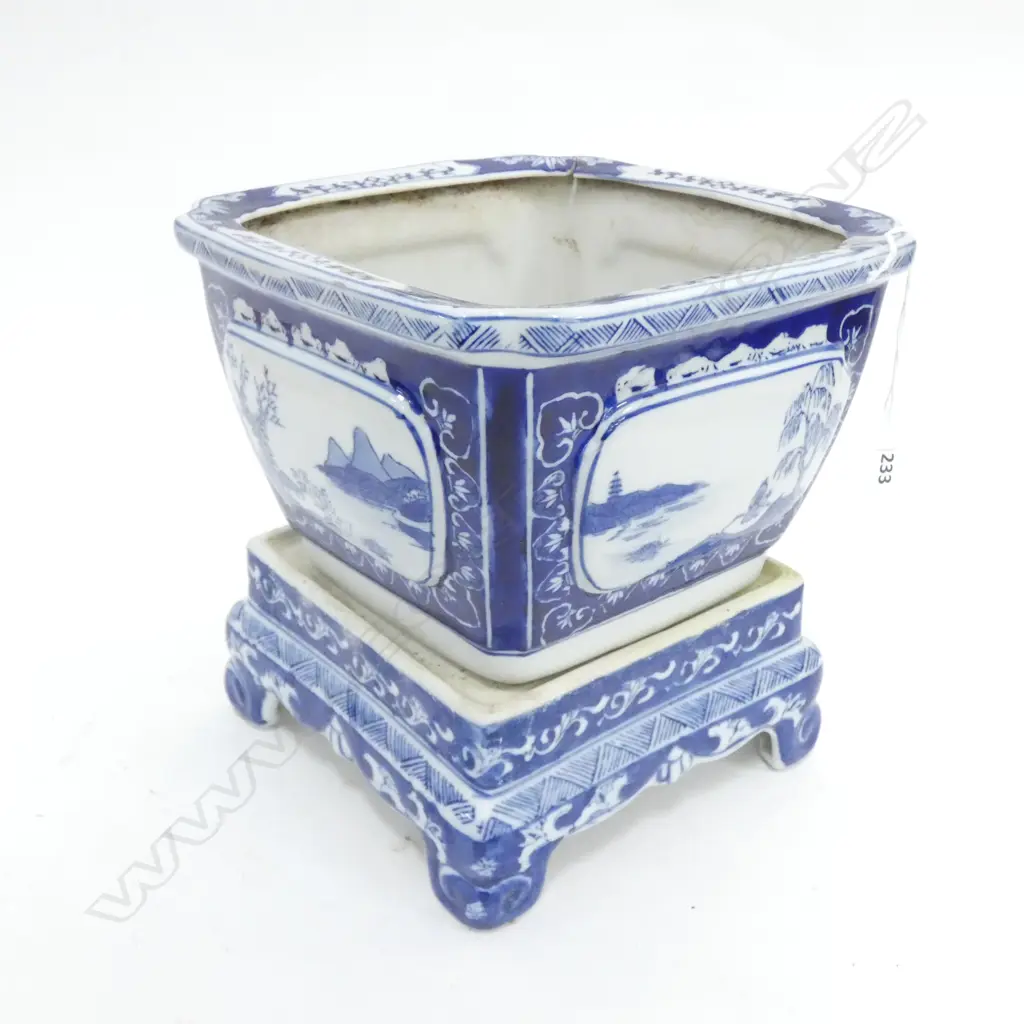 CHINESE BLUE AND WHITE FLOWER POT ON STAND H220 MM Image 1++