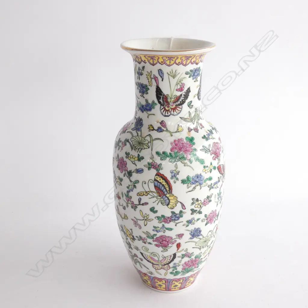 QIANLONG STYLE FAMILLE ROSE VASE H. 315MM HOLE DRILLED TO BASE Image 1++