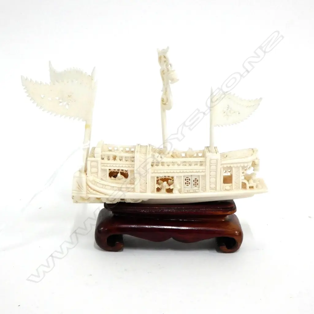 CHINESE IVORY JUNK ON WOOD STAND (W.W.) Image 1++