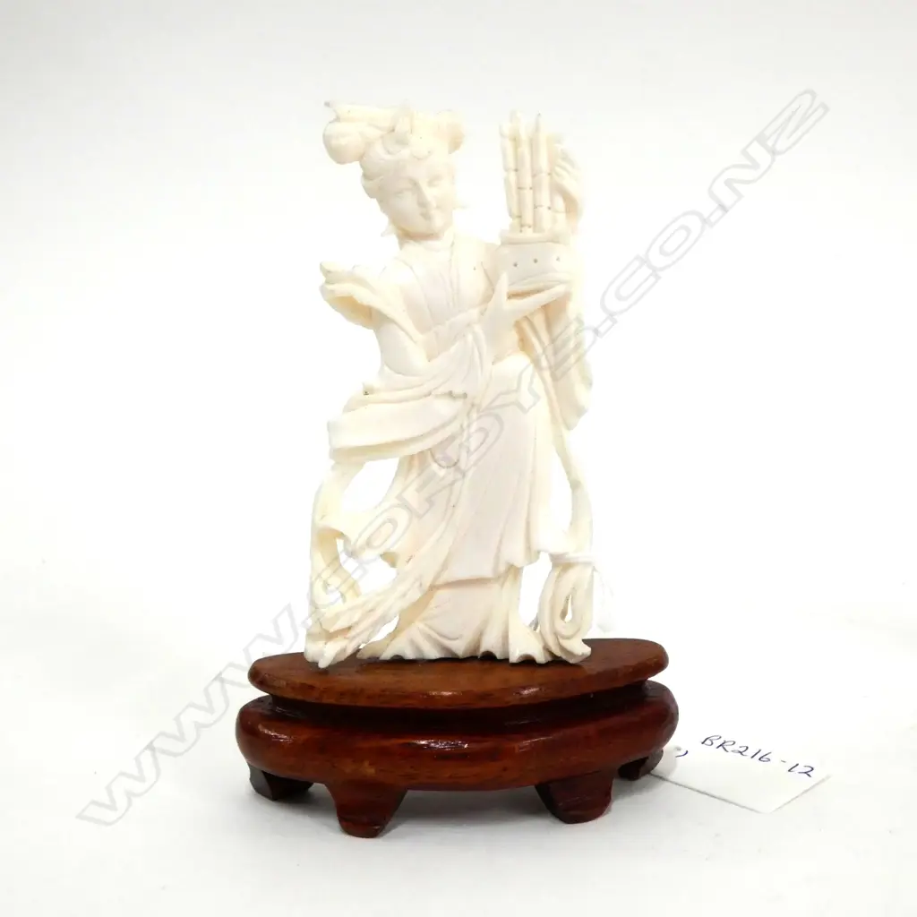 CHINESE IVORY WOMAN ON WOOD STAND (W.W.) Image 1++